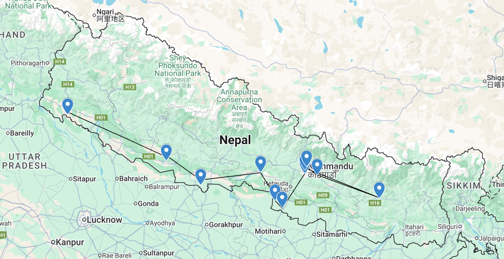 Route werkbezoek Nepal